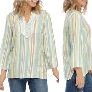 Ruby Rd Embroidered Pastel Color Stripes 3/4 Sleeves Viscose Tunic Blouse size L